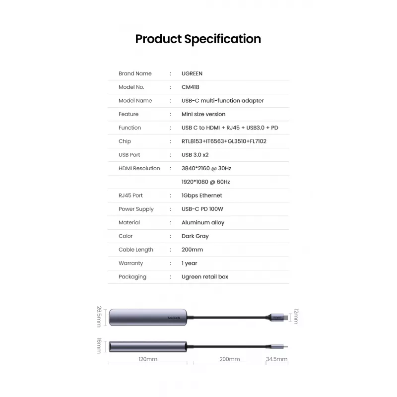 Ugreen 10919 sülearvuti dokk/pordireplikaator Juhtmega USB 3.2 Gen 1 (3.1 Gen 1) USB-C Hall