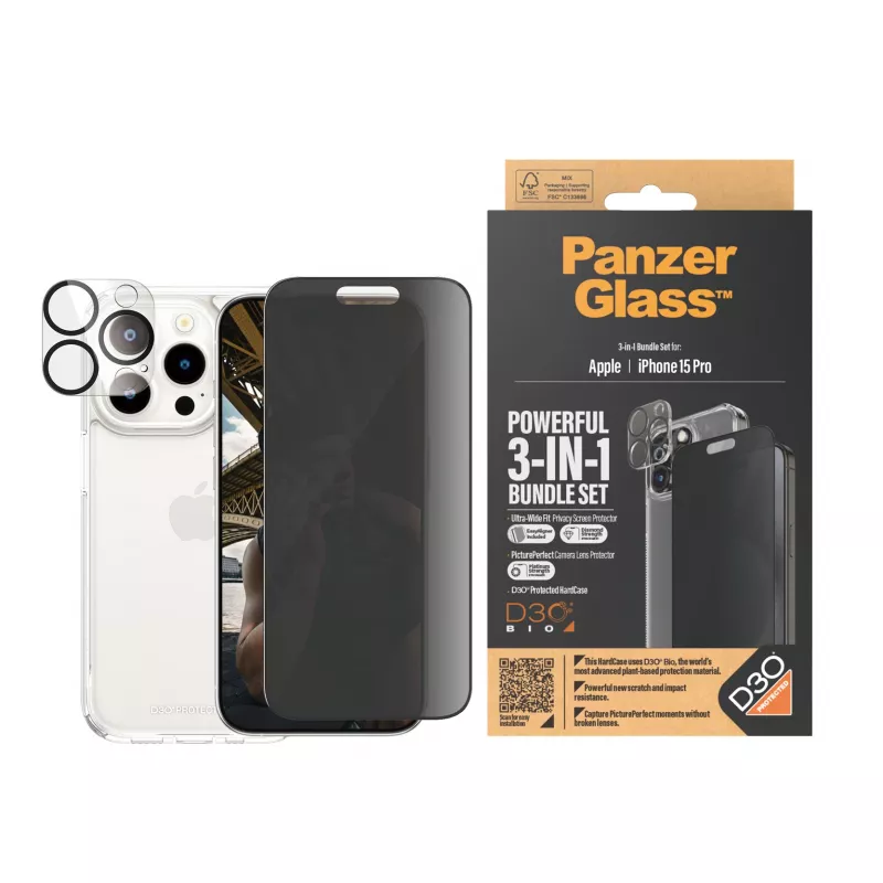 PanzerGlass Privacy 3-in-1 pakend iPhone 15 Pro löögikindel karastatud klaas