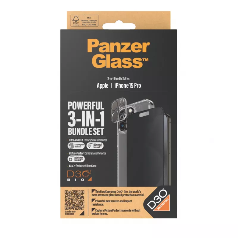 PanzerGlass Privacy 3-in-1 pakend iPhone 15 Pro löögikindel karastatud klaas