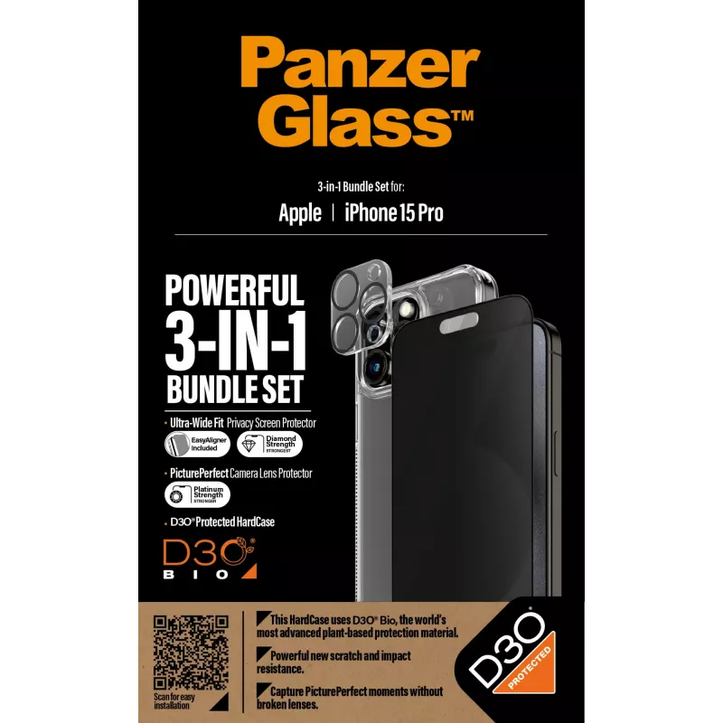 PanzerGlass Privacy 3-in-1 pakend iPhone 15 Pro löögikindel karastatud klaas