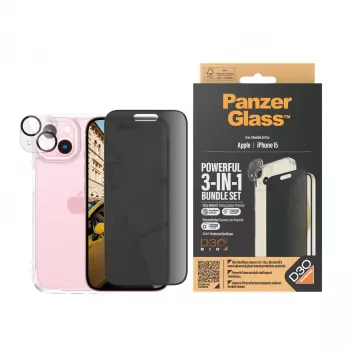PanzerGlass® Privaatsus 3-ühes pakend iPhone 15-le löögikindel karastatud klaas