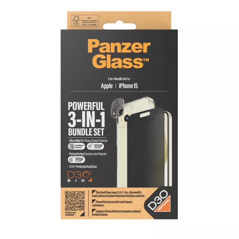 PanzerGlass® Privaatsus 3-ühes pakend iPhone 15-le löögikindel karastatud klaas