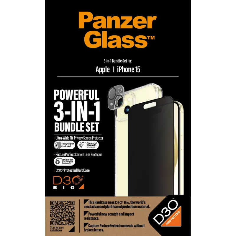 PanzerGlass® Privaatsus 3-ühes pakend iPhone 15-le löögikindel karastatud klaas