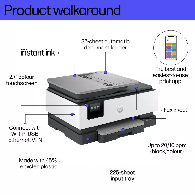HP OfficeJet Pro 8134e traadita mitmeotstarbeline värviprinter, Instant Ink; kahepoolne printimine