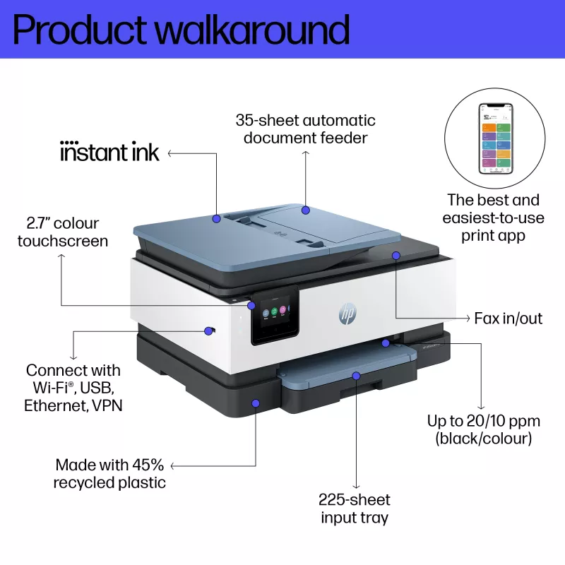HP OfficeJet Pro 8135e Juhtmeta mitmeotstarbeline värviprinter, Instant Ink; kahepoolne printimine