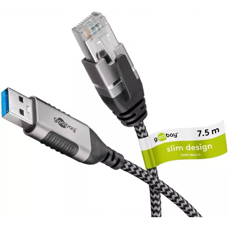 Goobay 74398 kaabli ühendusadapter USB 3.0 tüüp A RJ45 7,5 m must hõbedane
