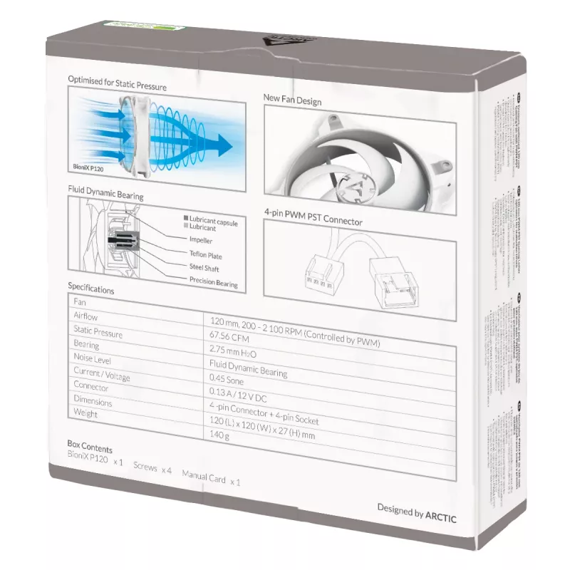 ARCTIC BioniX P120 (Hall/Valge) – Rõhuoptimeeritud 120 mm mänguventilaator PWM PST-ga