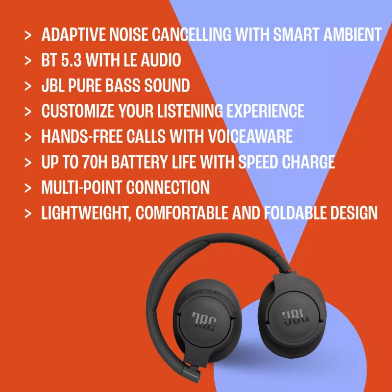 JBL Tune 770NC kõrvaklapid juhtmega ja juhtmeta peapaelaga kõrvaklapid kõnede/muusika jaoks USB Type-C Bluetooth must