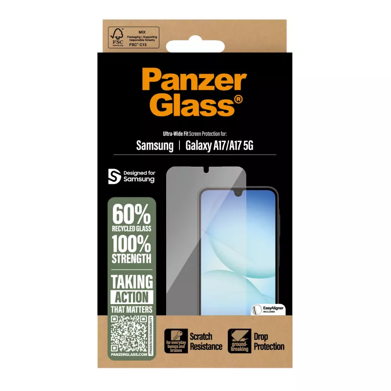 PanzerGlass ekraanikaitse Samsung Galaxy A17 / A17 5G jaoks — ülilai sobivus, PET+silikoon, kriimustus- ja löögikindel