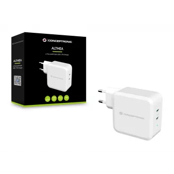 Conceptronic ALTHEA 2-pordiline 100 W GaN USB-C PD laadija, sisetingimustesse, vahelduvvool, 5 V, 5 A, valge