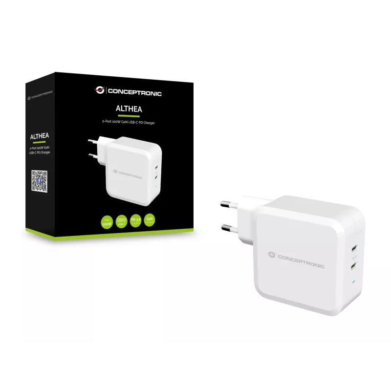 Conceptronic ALTHEA 2-pordiline 100 W GaN USB-C PD laadija, sisetingimustesse, vahelduvvool, 5 V, 5 A, valge