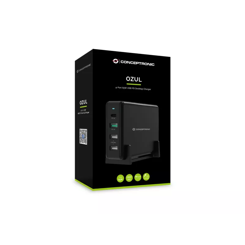 Conceptronic OZUL 4-pordiline 65 W USB PD lauaarvuti laadija, sisetingimustesse, vahelduvvool, 5 V, must