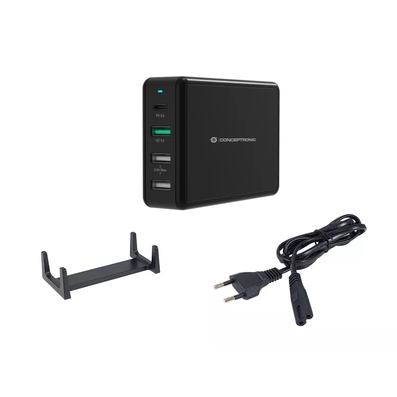 Conceptronic OZUL 4-pordiline 65 W USB PD lauaarvuti laadija, sisetingimustesse, vahelduvvool, 5 V, must
