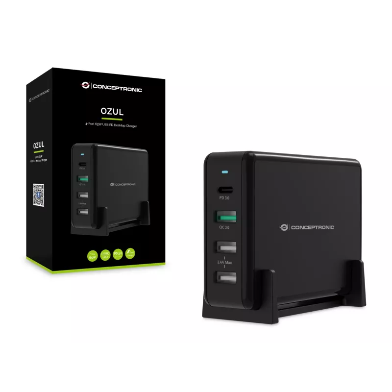 Conceptronic OZUL 4-pordiline 65 W USB PD lauaarvuti laadija, sisetingimustesse, vahelduvvool, 5 V, must
