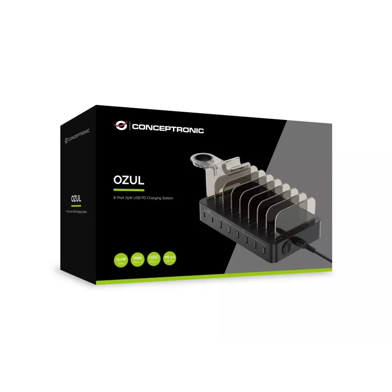 Conceptronic OZUL 8-pordine 75W USB PD laadimisjaam, sisetingimustesse, vahelduvvool, 12 V, must
