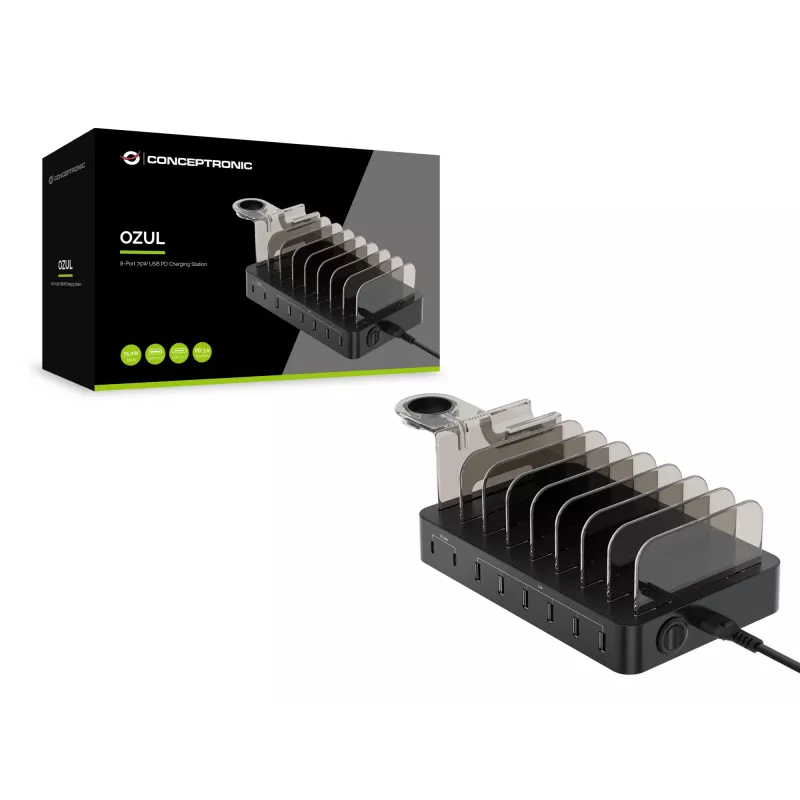 Conceptronic OZUL 8-pordine 75W USB PD laadimisjaam, sisetingimustesse, vahelduvvool, 12 V, must