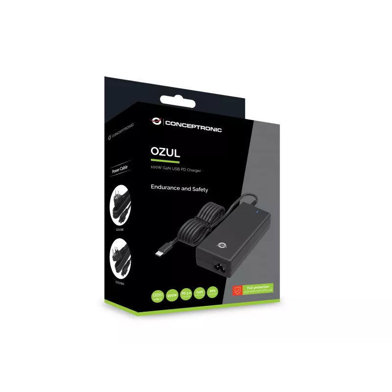Conceptronic OZUL03BUK 100W GaN lauaarvuti USB PD laadija, sisseehitatud USB-C kaabel, UK pistik