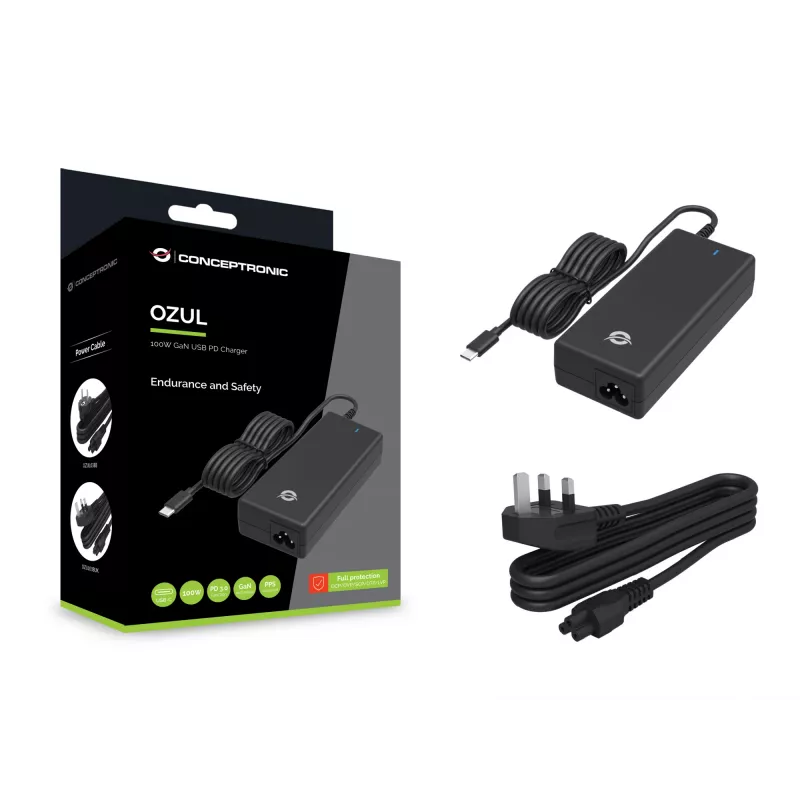 Conceptronic OZUL03BUK 100W GaN lauaarvuti USB PD laadija, sisseehitatud USB-C kaabel, UK pistik