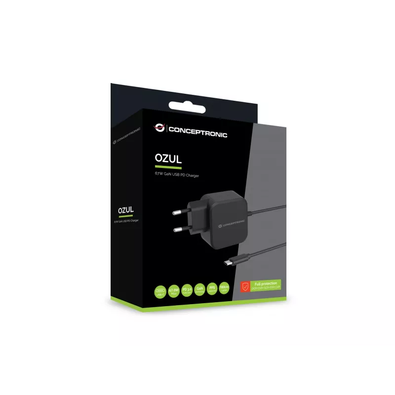 Conceptronic OZUL04BE 67W GaN USB PD laadija, sisseehitatud USB-C kaabel