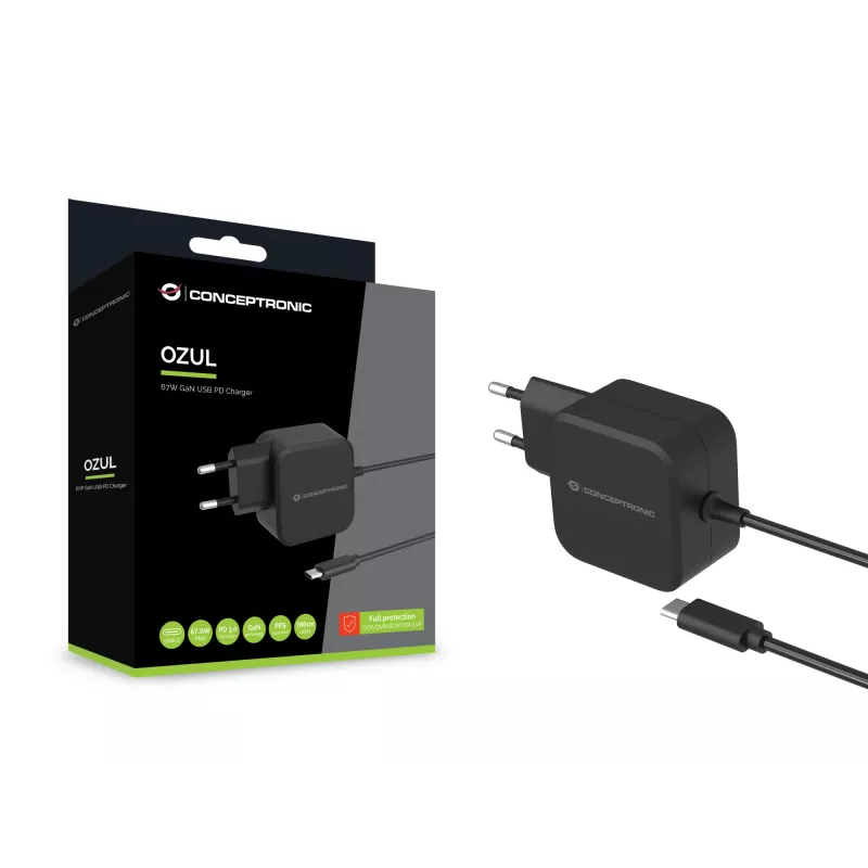 Conceptronic OZUL04BE 67W GaN USB PD laadija, sisseehitatud USB-C kaabel