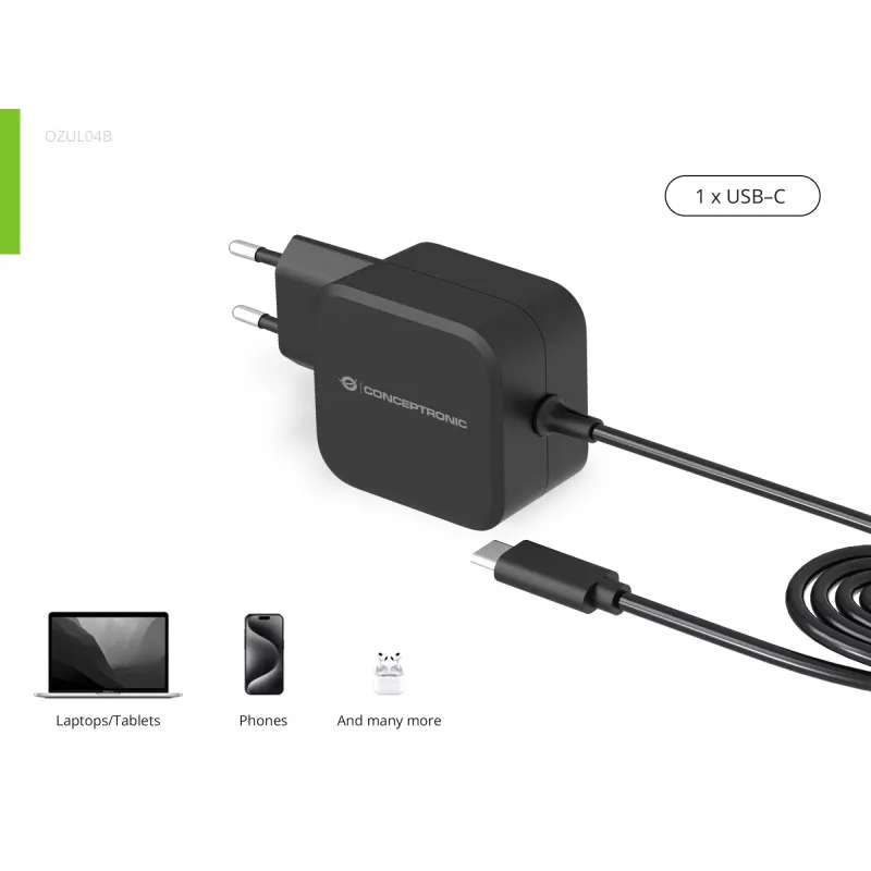 Conceptronic OZUL04BE 67W GaN USB PD laadija, sisseehitatud USB-C kaabel