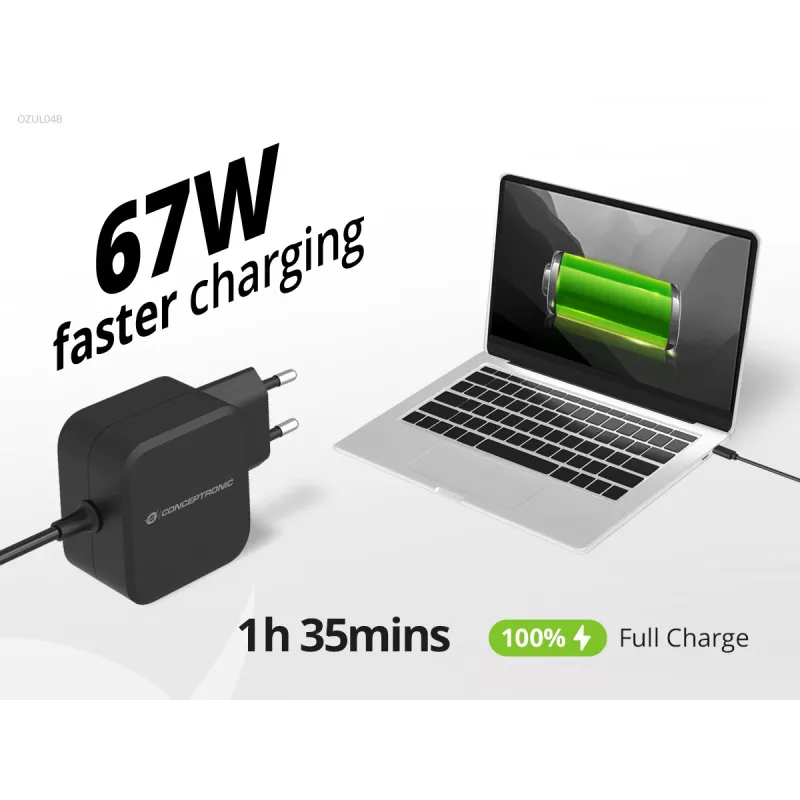 Conceptronic OZUL04BE 67W GaN USB PD laadija, sisseehitatud USB-C kaabel