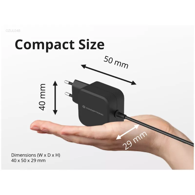 Conceptronic OZUL04BE 67W GaN USB PD laadija, sisseehitatud USB-C kaabel