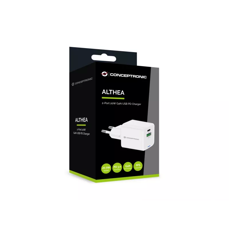 Conceptronic 2-pordiline 20W GaN USB PD laadija, USB-C x 1, USB-A x 1, QC 3.0, PPS
