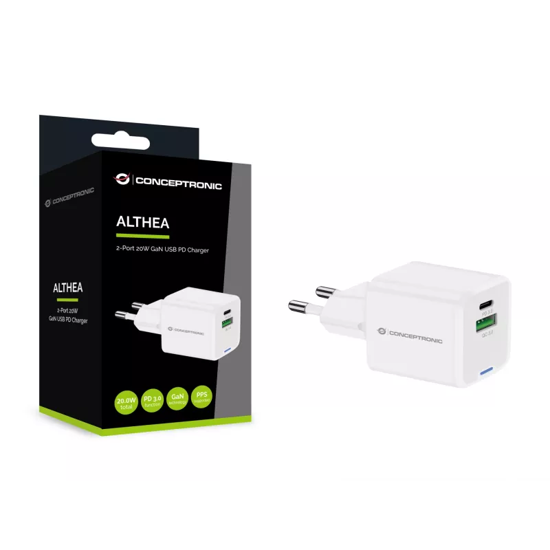 Conceptronic 2-pordiline 20W GaN USB PD laadija, USB-C x 1, USB-A x 1, QC 3.0, PPS