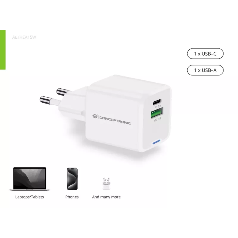 Conceptronic 2-pordiline 20W GaN USB PD laadija, USB-C x 1, USB-A x 1, QC 3.0, PPS