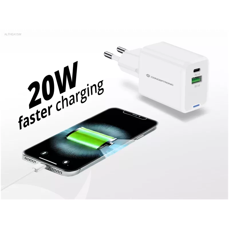Conceptronic 2-pordiline 20W GaN USB PD laadija, USB-C x 1, USB-A x 1, QC 3.0, PPS