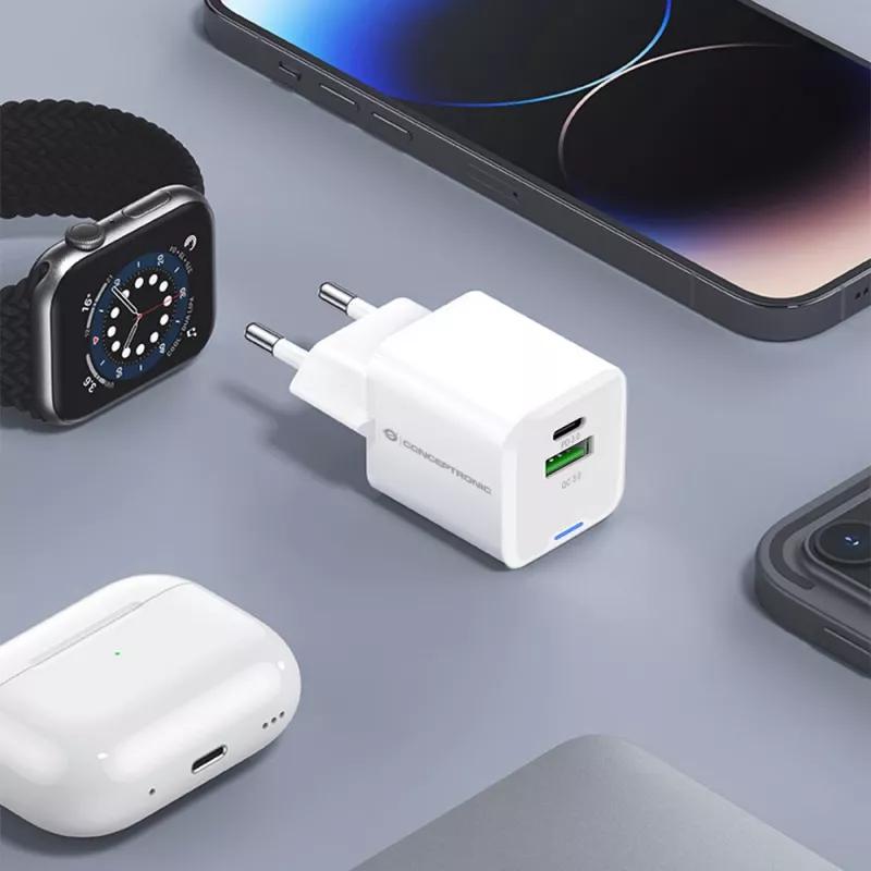 Conceptronic 2-pordiline 20W GaN USB PD laadija, USB-C x 1, USB-A x 1, QC 3.0, PPS