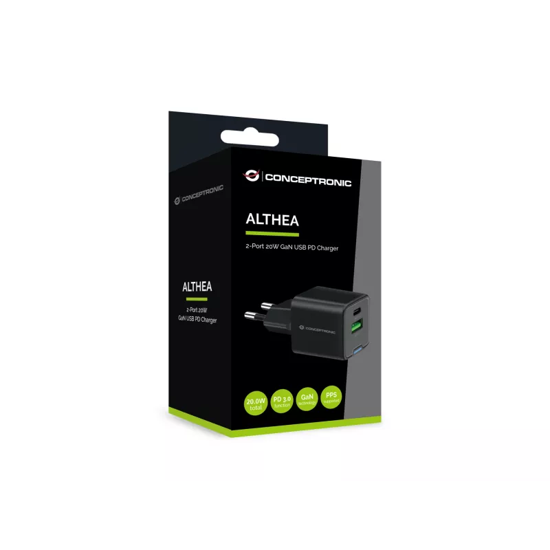 Conceptronic 2-pordiline 20W GaN USB PD laadija, USB-C x 1, USB-A x 1, QC 3.0, PPS