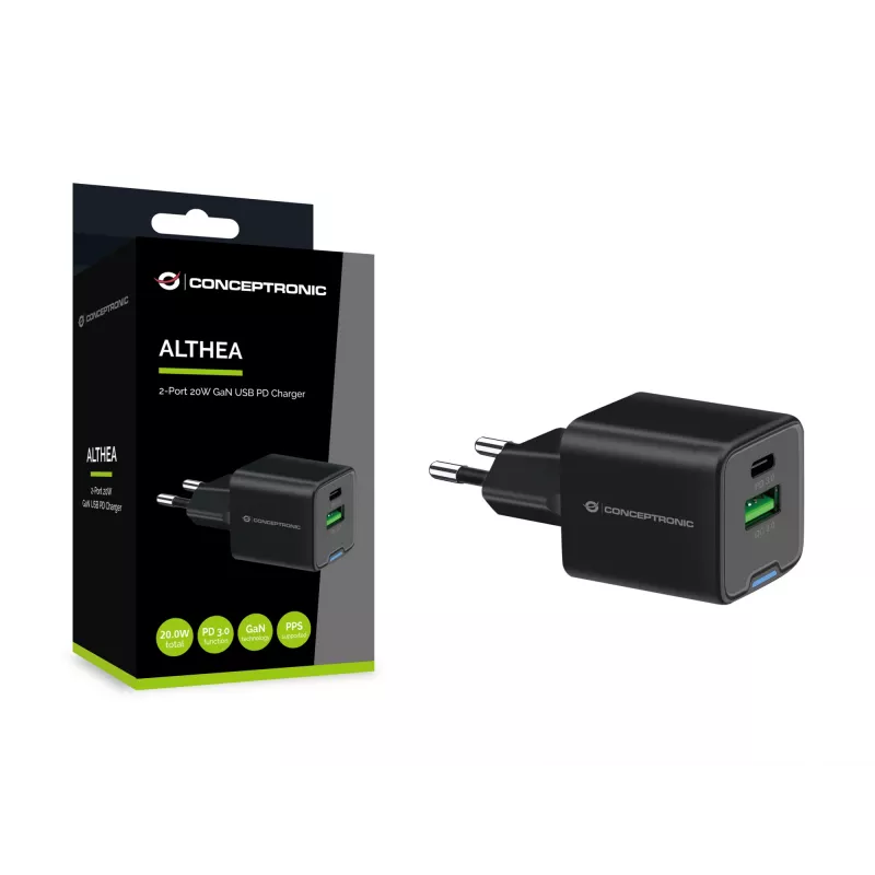 Conceptronic 2-pordiline 20W GaN USB PD laadija, USB-C x 1, USB-A x 1, QC 3.0, PPS