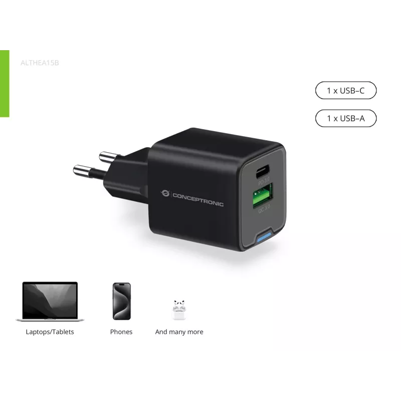 Conceptronic 2-pordiline 20W GaN USB PD laadija, USB-C x 1, USB-A x 1, QC 3.0, PPS