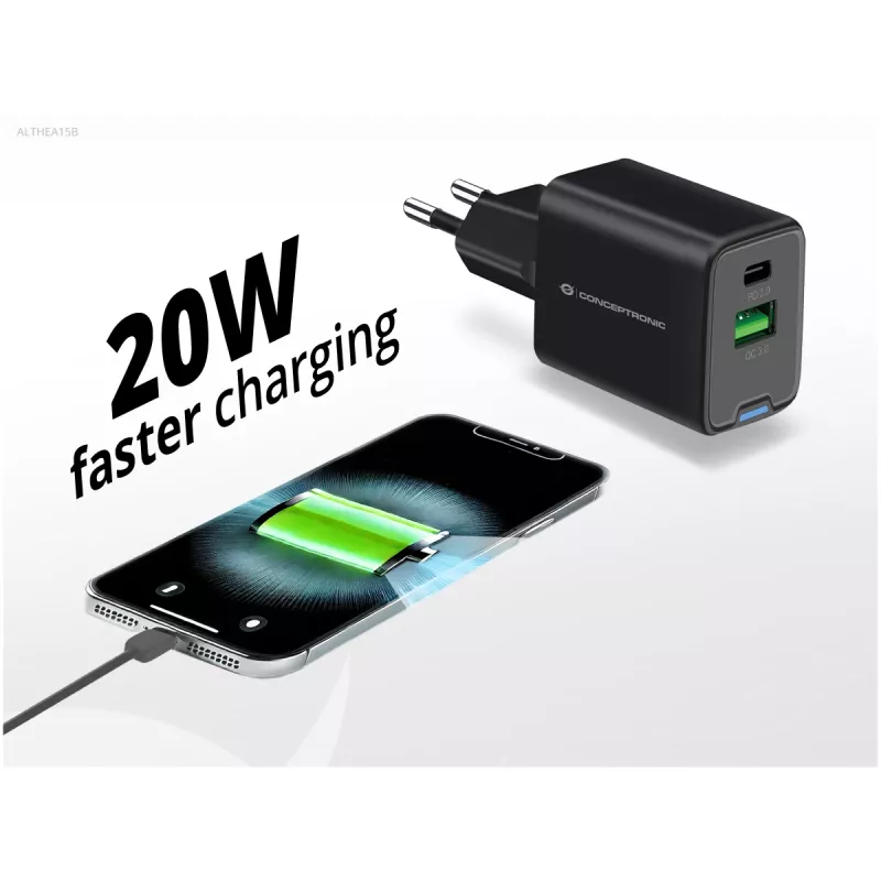 Conceptronic 2-pordiline 20W GaN USB PD laadija, USB-C x 1, USB-A x 1, QC 3.0, PPS