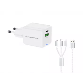 Conceptronic 2-pordiline 33 W GaN USB PD laadija koos 3-in-1 laadimiskaabliga, USB-C x 1, USB-A x 1, QC 3.0, PPS