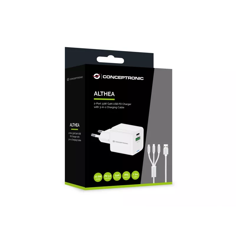 Conceptronic 2-pordiline 33 W GaN USB PD laadija koos 3-in-1 laadimiskaabliga, USB-C x 1, USB-A x 1, QC 3.0, PPS