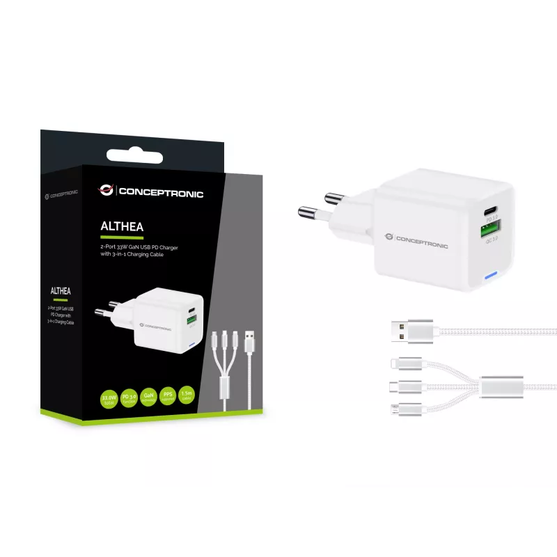 Conceptronic 2-pordiline 33 W GaN USB PD laadija koos 3-in-1 laadimiskaabliga, USB-C x 1, USB-A x 1, QC 3.0, PPS