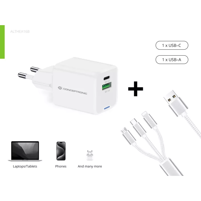 Conceptronic 2-pordiline 33 W GaN USB PD laadija koos 3-in-1 laadimiskaabliga, USB-C x 1, USB-A x 1, QC 3.0, PPS