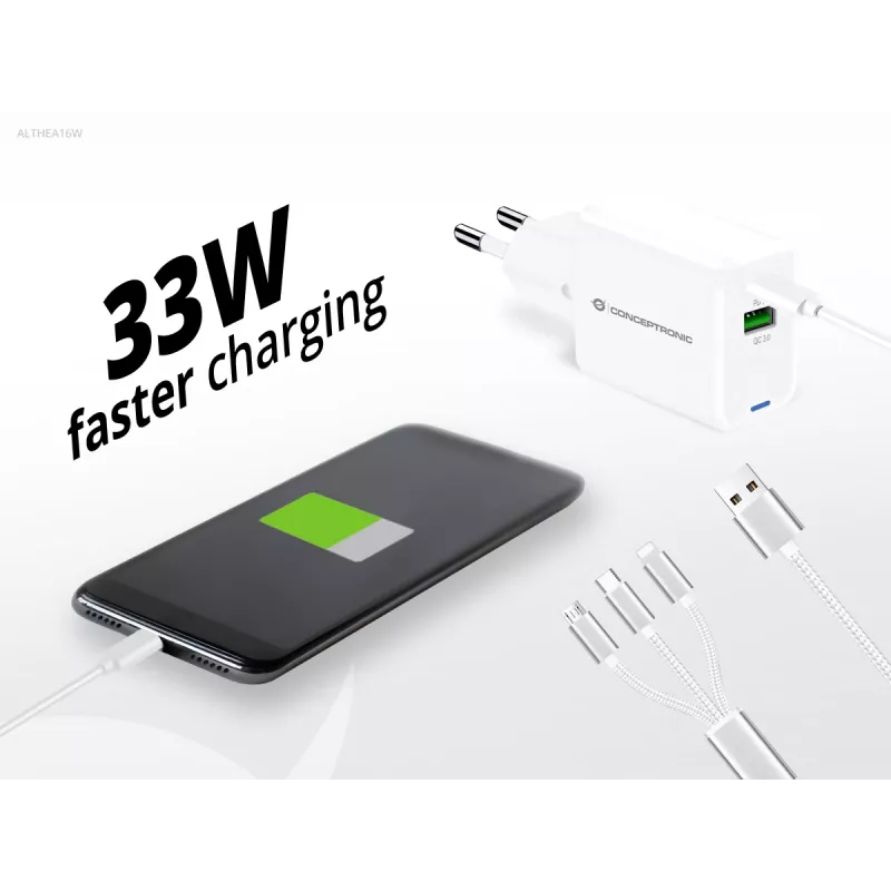 Conceptronic 2-pordiline 33 W GaN USB PD laadija koos 3-in-1 laadimiskaabliga, USB-C x 1, USB-A x 1, QC 3.0, PPS