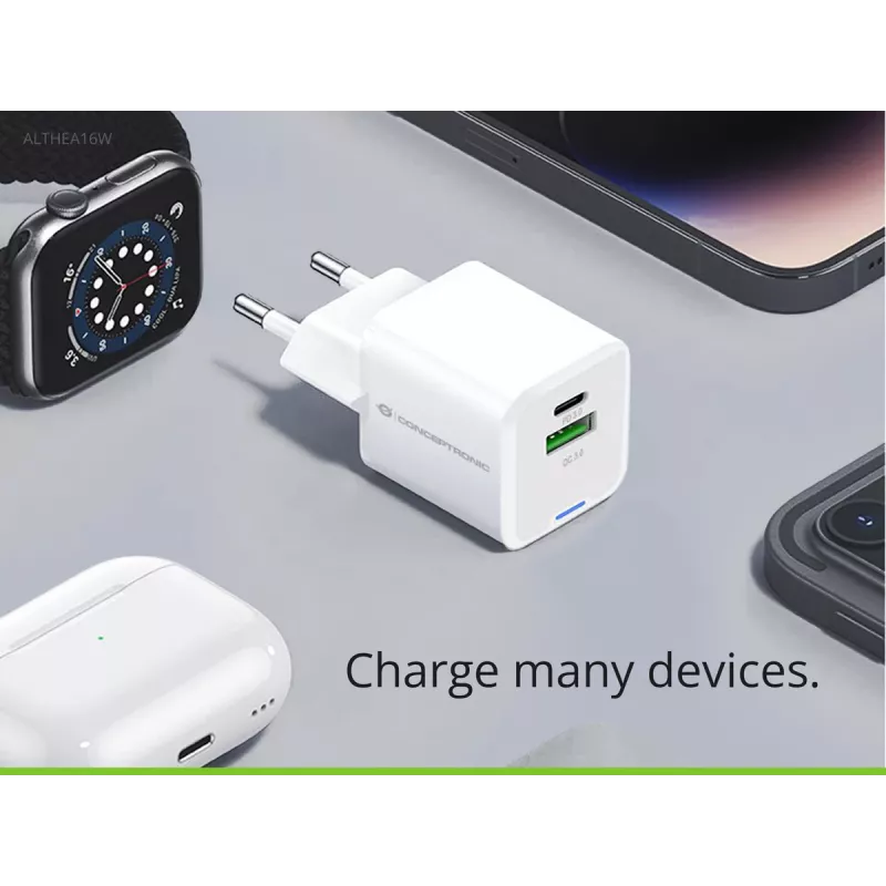 Conceptronic 2-pordiline 33 W GaN USB PD laadija koos 3-in-1 laadimiskaabliga, USB-C x 1, USB-A x 1, QC 3.0, PPS