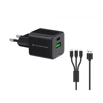 Conceptronic 2-pordiline 33W GaN USB PD laadija 3-in-1 laadimiskaabliga ALTHEA16B