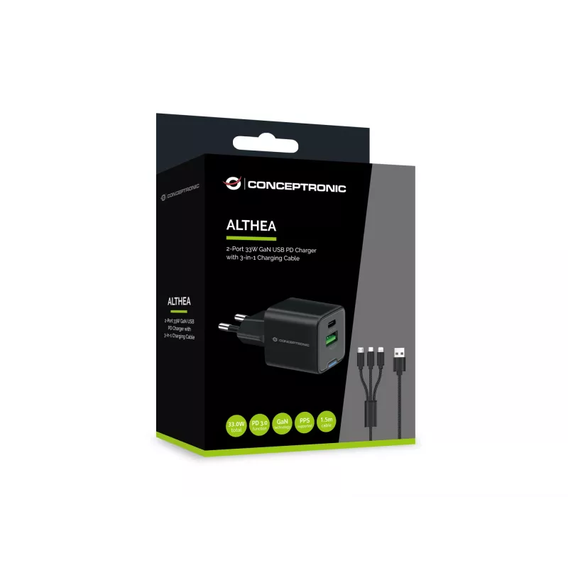 Conceptronic 2-pordiline 33W GaN USB PD laadija 3-in-1 laadimiskaabliga ALTHEA16B