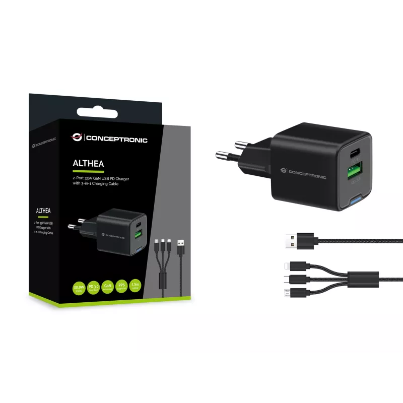 Conceptronic 2-pordiline 33W GaN USB PD laadija 3-in-1 laadimiskaabliga ALTHEA16B