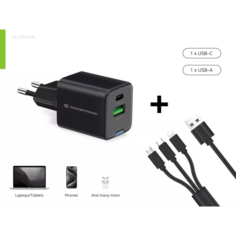 Conceptronic 2-pordiline 33W GaN USB PD laadija 3-in-1 laadimiskaabliga ALTHEA16B