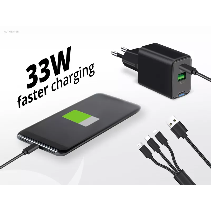 Conceptronic 2-pordiline 33W GaN USB PD laadija 3-in-1 laadimiskaabliga ALTHEA16B