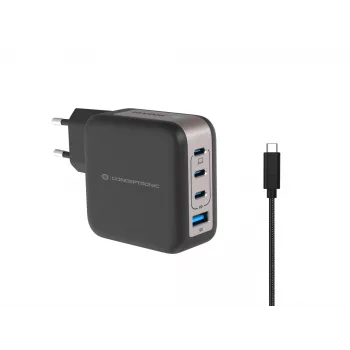 Conceptronic 4-portine 100 W GaN USB PD laadija USB-C laadimiskaabliga, USB-C x 3, USB-A x 1, QC 3.0, PPS