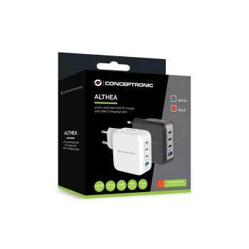 Conceptronic 4-portine 100 W GaN USB PD laadija USB-C laadimiskaabliga, USB-C x 3, USB-A x 1, QC 3.0, PPS