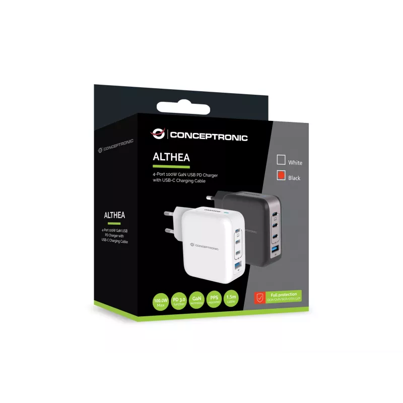 Conceptronic 4-portine 100 W GaN USB PD laadija USB-C laadimiskaabliga, USB-C x 3, USB-A x 1, QC 3.0, PPS